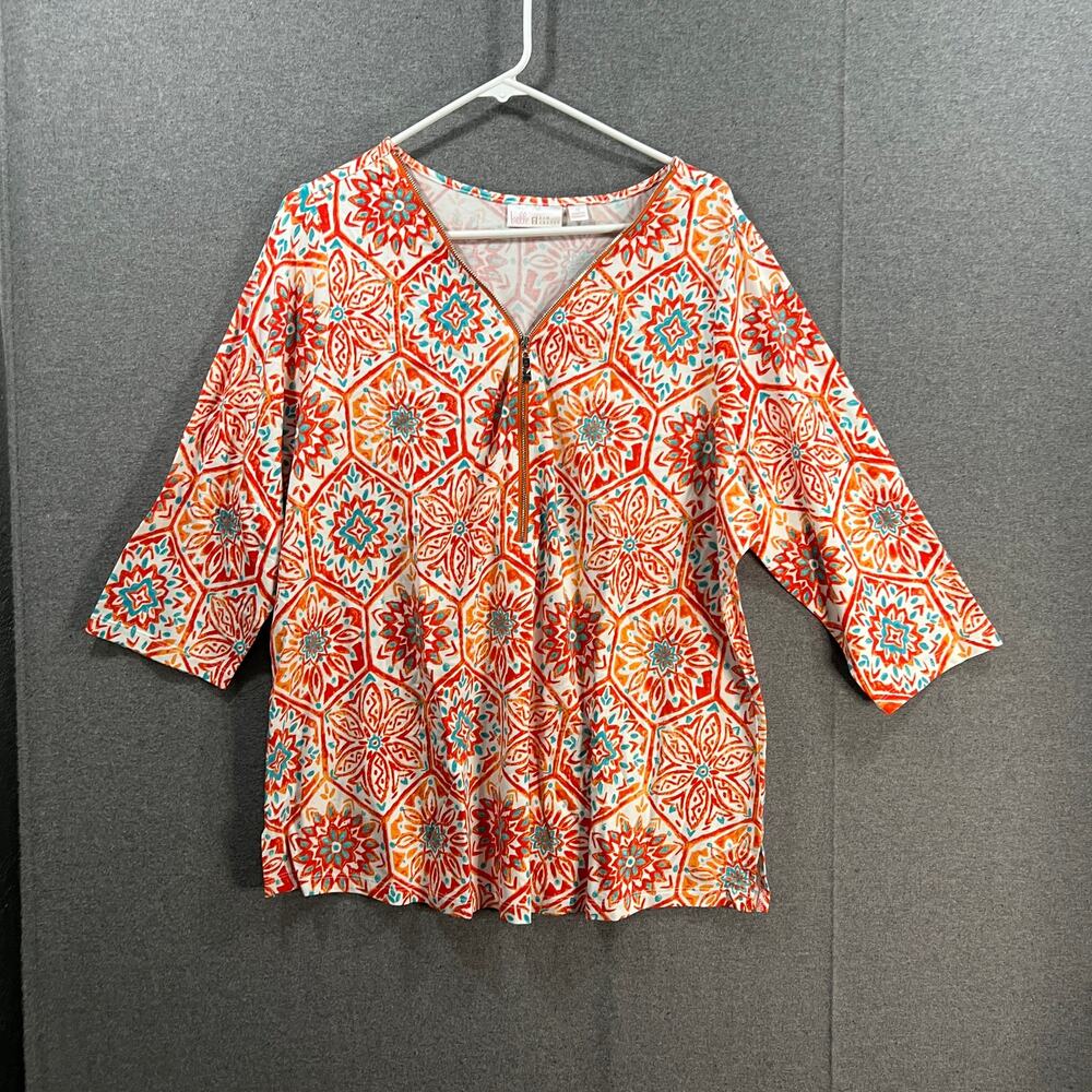 Belle by Kim Gravel TripleLuxe Knit Signature Zip Printed Top Abstract Size 1X